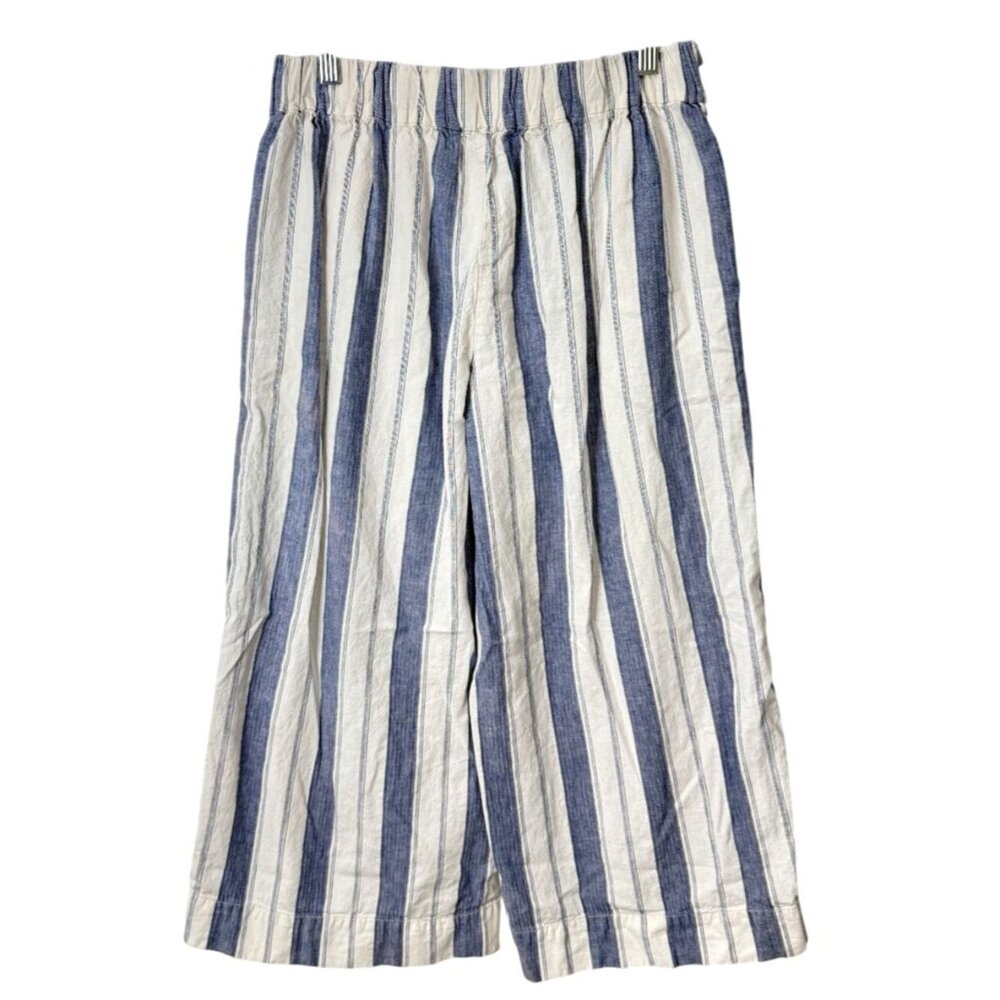 Madewell Womens Size L Striped Wide-Leg Cropped Pants Linen Blend Blue White - Picture 2 of 7